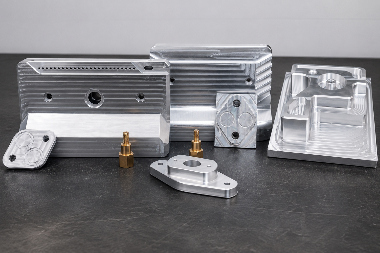 A selection of finished CNC-machined aluminium components and brass pins